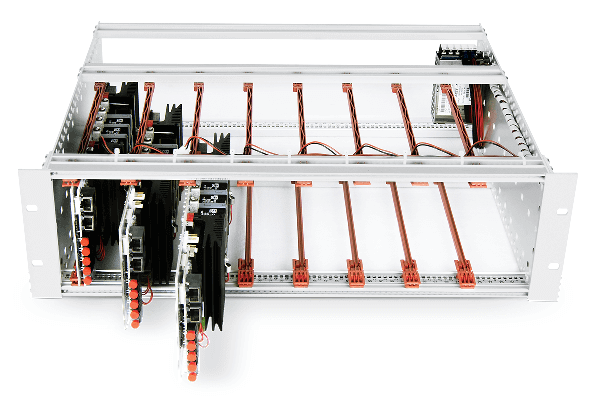 Three full-bridge inverter modules inside an open frame.